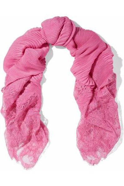 Shop Valentino Plissé Lace-paneled Cashmere Scarf In Pink
