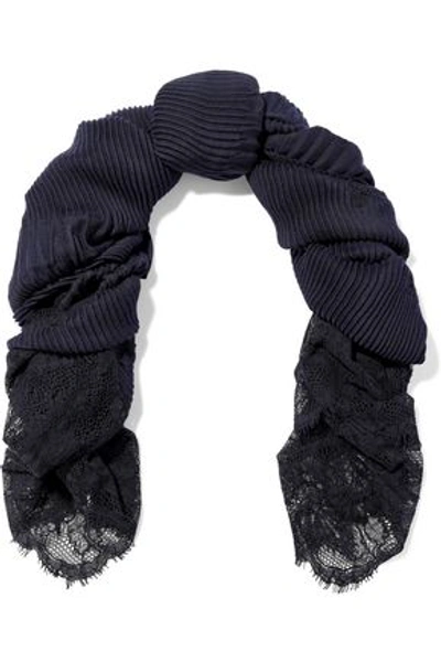 Shop Valentino Woman Lace-paneled Cashmere Scarf Navy