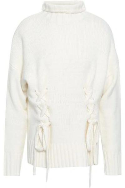 Shop Cinq À Sept Woman Lace-up Wool-blend Turtleneck Sweater Ivory