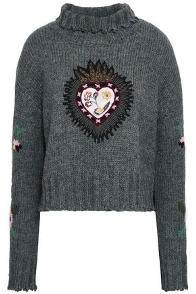 Shop Cinq À Sept Woman Appliquéd Intarsia-knit Sweater Gray
