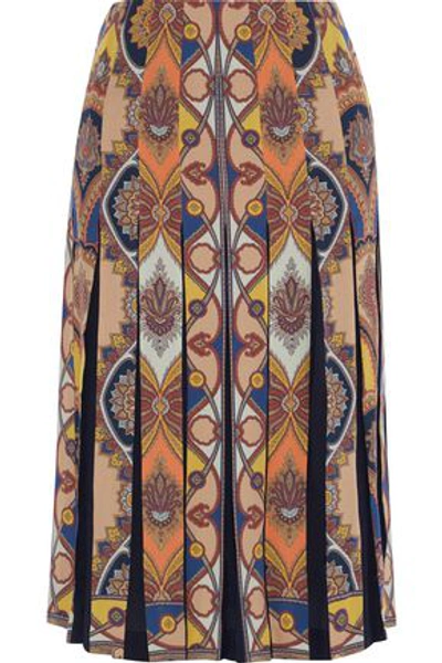 Shop Etro Woman Pleated Printed Silk Crepe De Chine Midi Skirt Pastel Orange