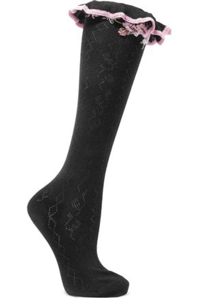 Shop Redv Red(v) Woman Embroidered Ruffle-trimmed Wool And Silk-blend Socks Black