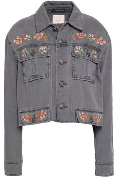 Shop Cinq À Sept Woman Folk Canyon Cropped Embroidered Denim Jacket Anthracite