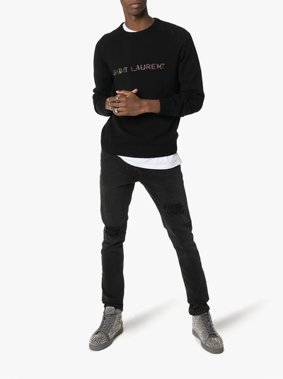 Shop Saint Laurent Logo-embroidered Wool Sweater In 1051 Black