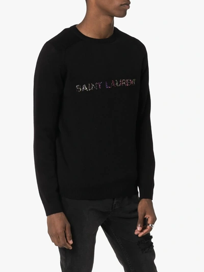 Shop Saint Laurent Logo-embroidered Wool Sweater In 1051 Black