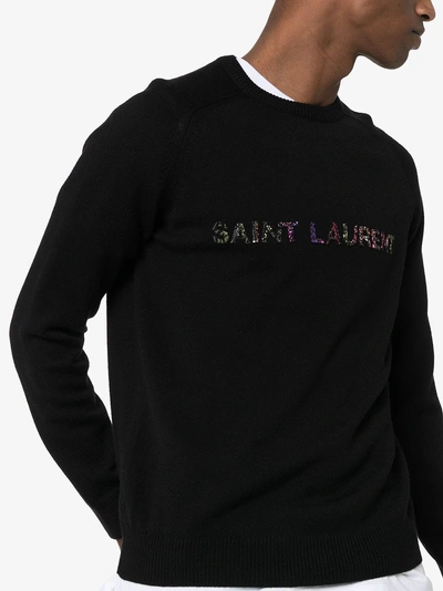 Shop Saint Laurent Logo-embroidered Wool Sweater In 1051 Black