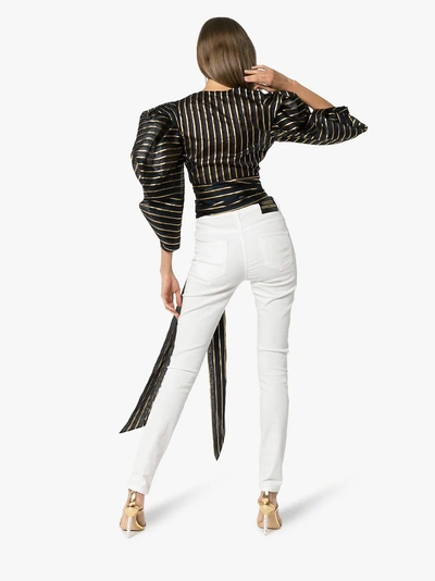 Shop Alexandre Vauthier Striped Puffed Sleeve Waist Bow Top In 101 - Black