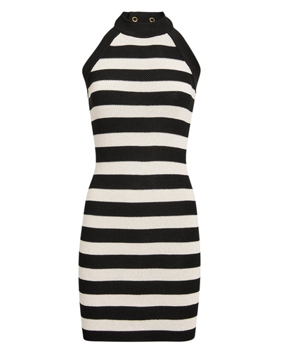 Shop Balmain Striped Knit Mini Dress In Blk/wht