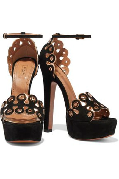 Shop Alaïa Woman Eyelet-embellished Scalloped Suede Platform Sandals Black