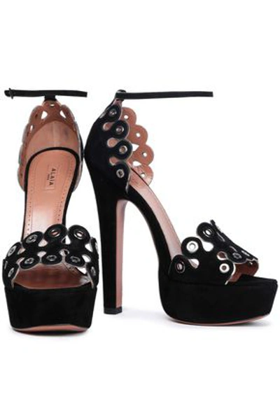 Shop Alaïa Woman Eyelet-embellished Scalloped Suede Platform Sandals Black