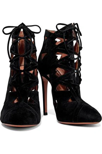 Shop Alaïa Woman Lace-up Cutout Suede Ankle Boots Black