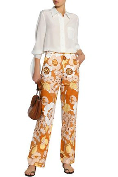 Shop Chloé Woman Floral-print Cotton Straight-leg Pants Orange