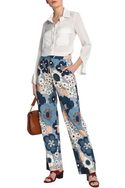 Shop Chloé Woman Floral-print Cotton Straight-leg Pants Blue