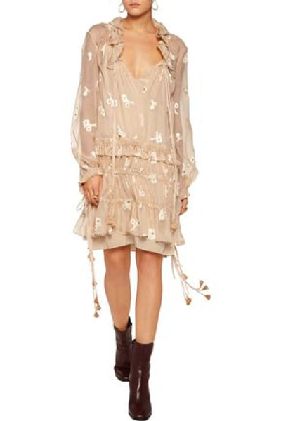 Shop Chloé Embroidered Silk-chiffon Mini Dress In Beige