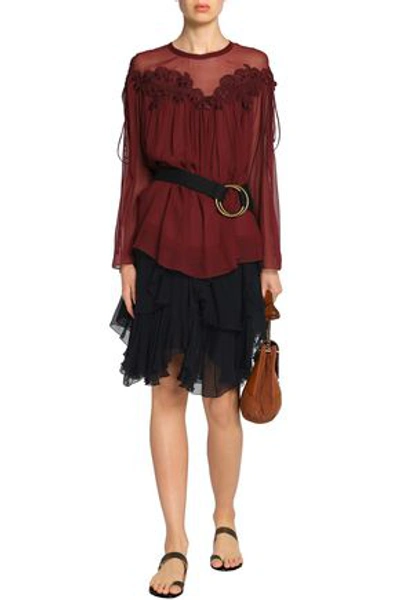 Shop Chloé Woman Guipure Lace-trimmed Gathered Silk-georgette Blouse Burgundy