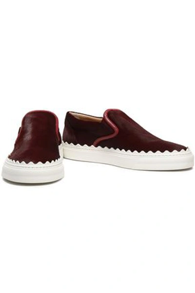 Shop Chloé Woman Ivy Leather-trimmed Calf Hair Slip-on Sneakers Burgundy