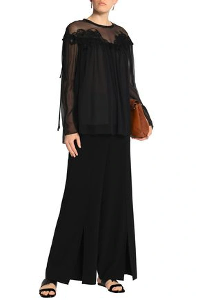 Shop Chloé Guipure Lace-trimmed Gathered Silk-georgette Blouse In Black