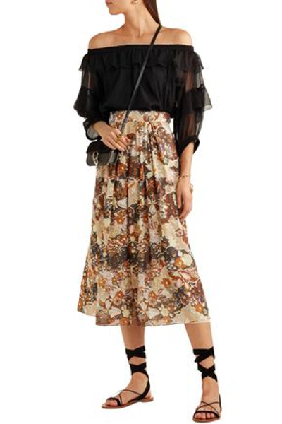 Shop Chloé Woman Printed Fil Coupé Silk-gauze Midi Skirt Beige