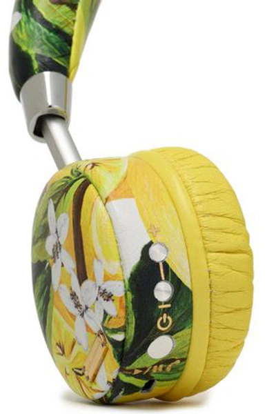 Shop Dolce & Gabbana Woman Floral-print Leather And Silver-tone Wireless Headphones Yellow