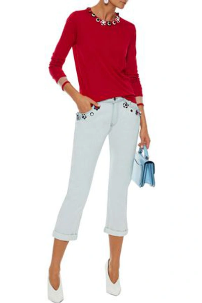 Shop Fendi Woman Cropped Embellished Mid-rise Straight-leg Jeans Light Denim