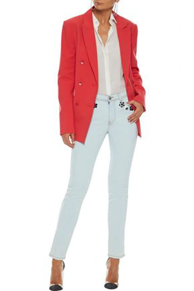 Shop Fendi Woman Embellished Mid-rise Skinny Jeans Light Denim