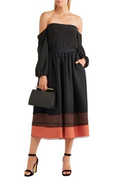 Shop Fendi Woman Color-block Wool And Silk-blend Midi Skirt Black