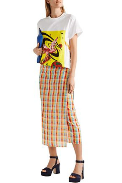 Shop Miu Miu Woman Checked Cotton-voile Midi Wrap Skirt Saffron