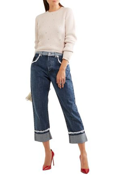 Shop Miu Miu Woman Cropped Lace-trimmed High-rise Straight-leg Jeans Mid Denim
