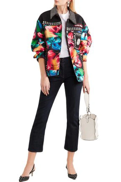 Shop Miu Miu Woman Crystal-embellished Floral-print Denim Jacket Black