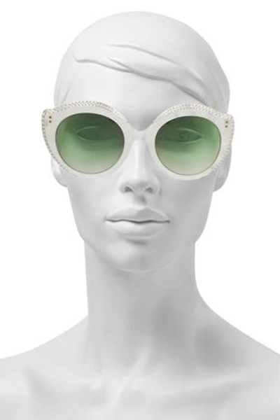 Shop Gucci Woman Round-frame Crystal-embellished Acetate And Gold-tone Sunglasses White