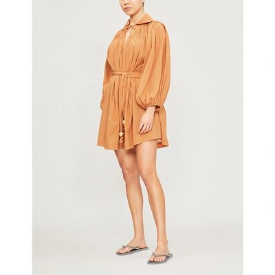 Shop Lisa Marie Fernandez Puffed-sleeve Cotton Mini Dress In Terracotta Crinckle