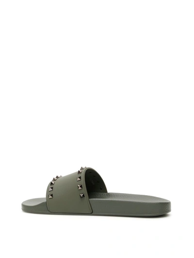 Valentino Men's Rockstud Pool Slide Sandals In Olive|verde