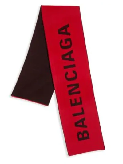 Shop Balenciaga Logo Jacquard Wool Knit Scarf In Red Black