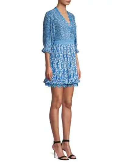 Shop Alice And Olivia Jonna Pleated Deep-v Mini Dress In Hepatica Soft White Cornflower