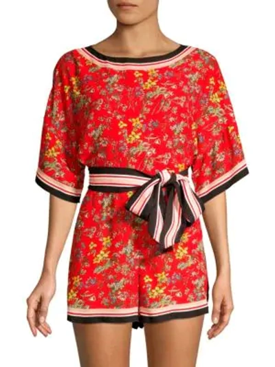 Shop Alice And Olivia Bowie Striped Trim Floral Romper In Small Freesia Blossom Bright Poppy Multi