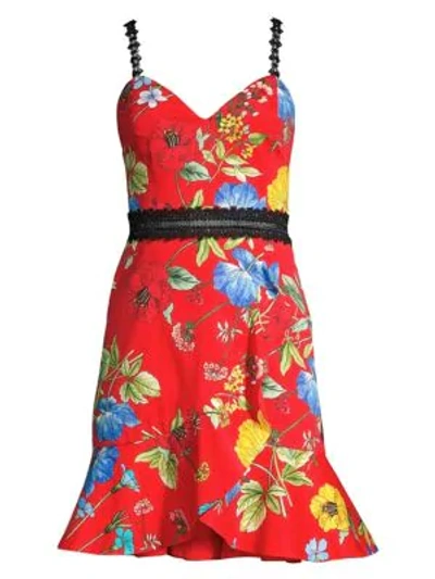 Shop Alice And Olivia Women's Kirby Lace-trimmed Floral Fit-and-flare Dress In Seine Garden Stripe Bright Poppy Multi