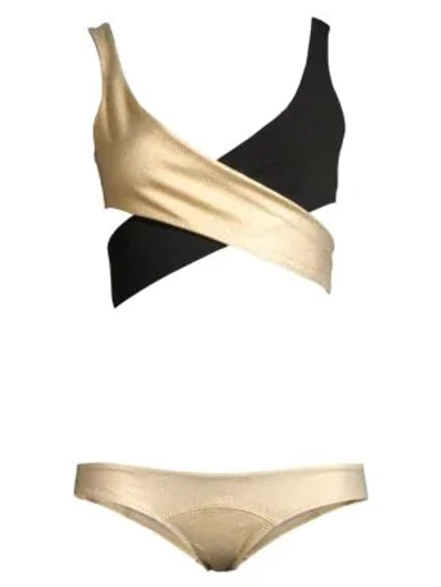 Shop Lisa Marie Fernandez Marie-louise Two-piece Crepe Bikini In Gold Black