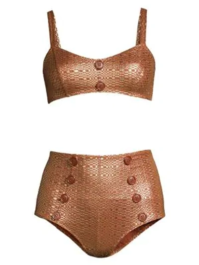 Shop Lisa Marie Fernandez Genevieve Button High-waist Two-piece Bikini In Terracotta