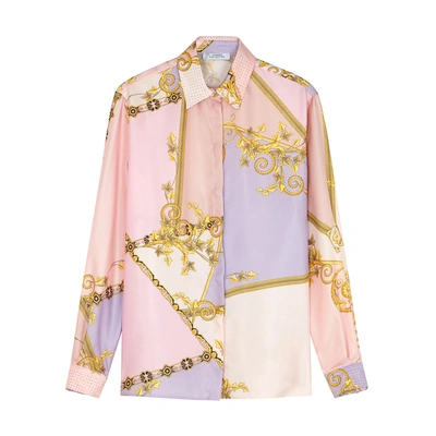 Shop Versace Crystal-embellished Printed Silk Shirt In Pink