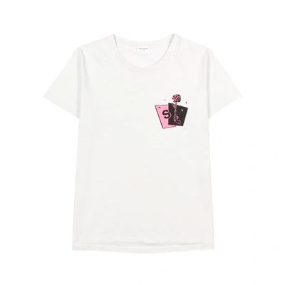 Shop Saint Laurent Off-white Printed Cotton T-shirt In Ecru