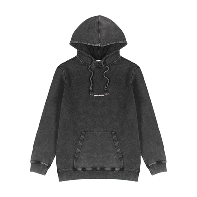 Shop Saint Laurent Grey Distressed Hooded Cotton Sweatshirt