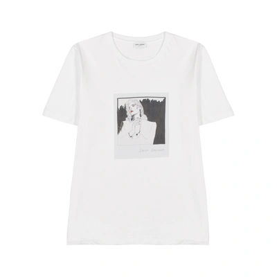 Shop Saint Laurent Off-white Printed Cotton T-shirt
