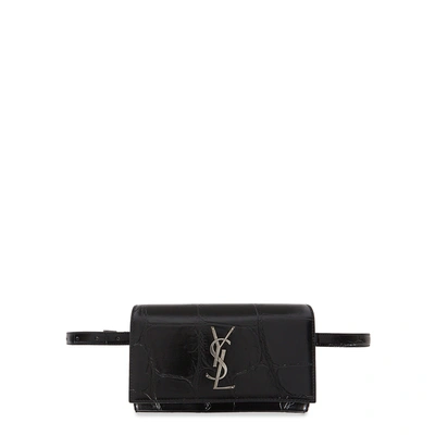 Shop Saint Laurent Kate Maxi Crocodile-effect Leather Belt Bag In Black