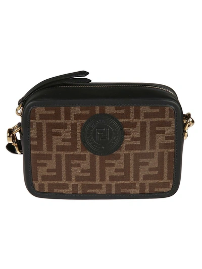 Shop Fendi Ff Logo Patch Mini Shoulder Bag In Brown/black