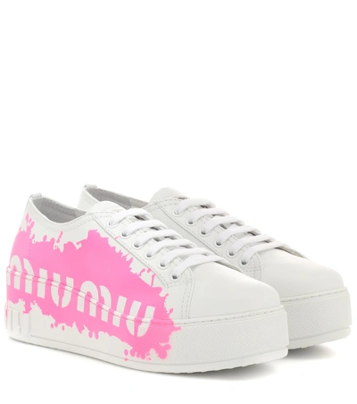 Shop Miu Miu Leather Platform Sneakers In White