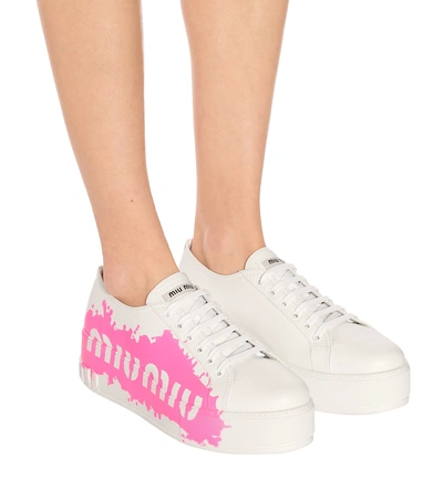 Shop Miu Miu Leather Platform Sneakers In White