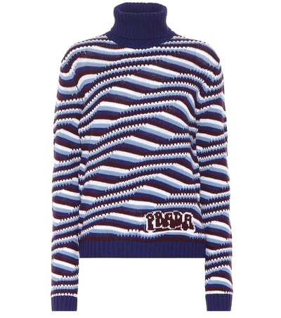 Shop Prada Striped Cashmere Turtleneck Sweater In Blue