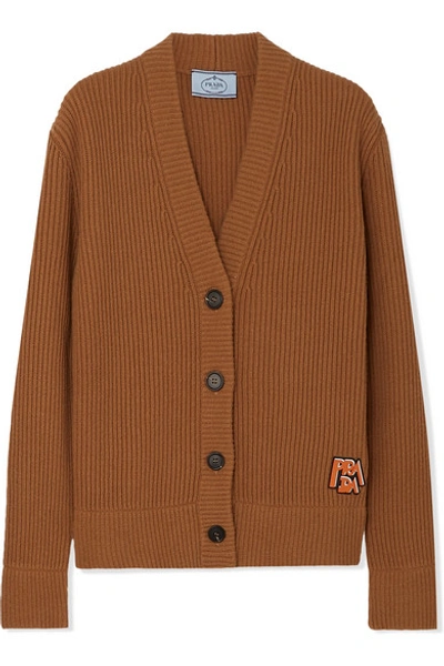 Shop Prada Appliquéd Ribbed Wool And Cashmere-blend Cardigan In Brown