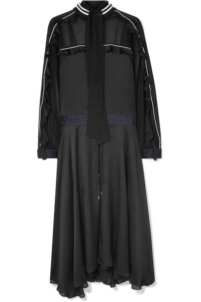 Shop Sacai Ruffled Pleated Satin And Chiffon Maxi Dress In Black