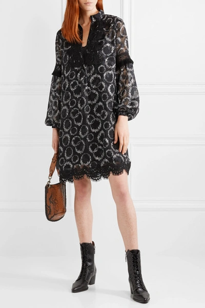 Shop Anna Sui Daisy Chain Crochet-trimmed Floral-print Chiffon Mini Dress In Black